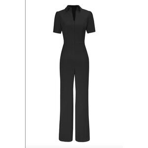 Dress the Population Gloria Jumpsuit L Black Stretch Crepe Wide Leg Puff Sleeve